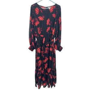 Ava & Viv Black Red Floral Polyester Chiffon Lined Long Sleeve Maxi Dress 3X